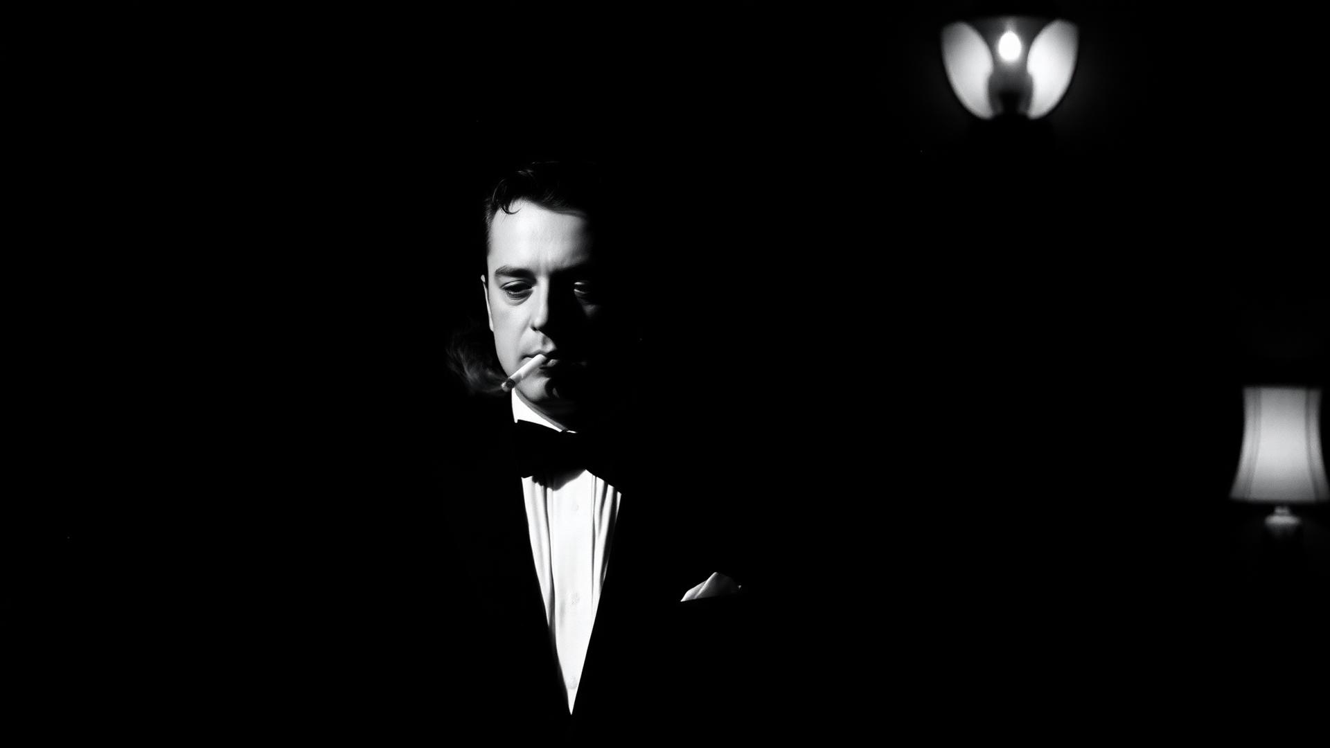 Noir portrait of a man smoking in a dark room